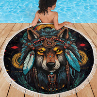 Native American Wolf Beach Blanket Abstract Geometric Style