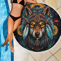 Native American Wolf Beach Blanket Abstract Geometric Style