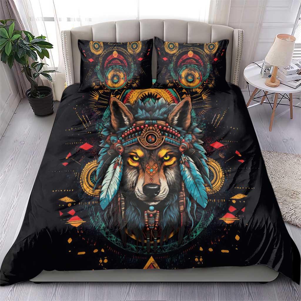 Native American Wolf Bedding Set Abstract Geometric Style