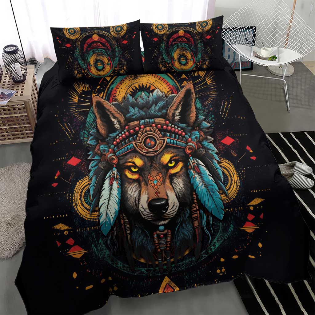 Native American Wolf Bedding Set Abstract Geometric Style