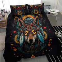 Native American Wolf Bedding Set Abstract Geometric Style