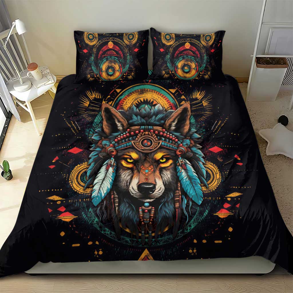 Native American Wolf Bedding Set Abstract Geometric Style