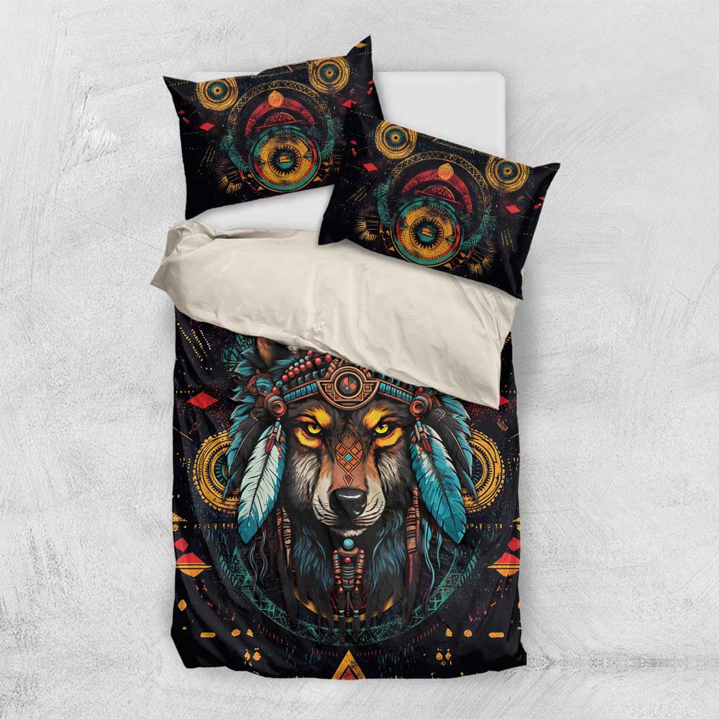 Native American Wolf Bedding Set Abstract Geometric Style
