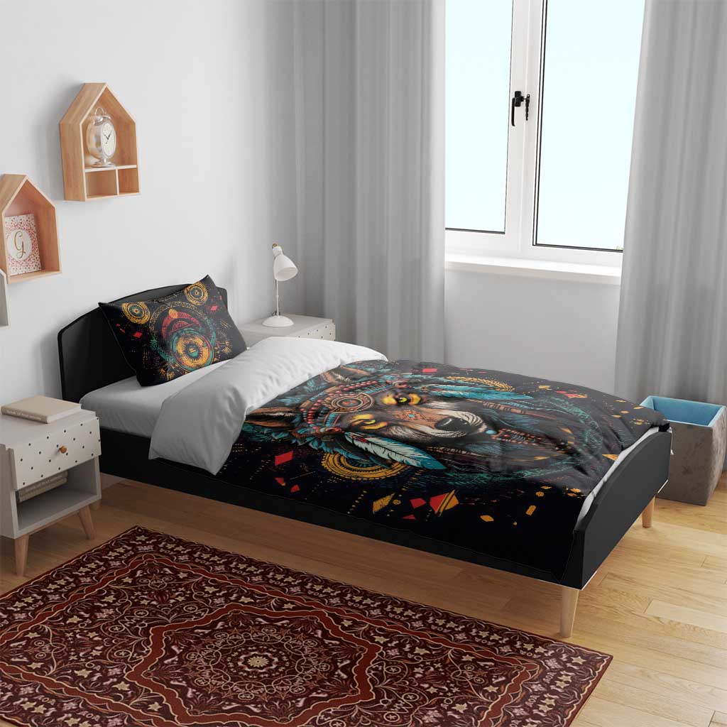 Native American Wolf Bedding Set Abstract Geometric Style