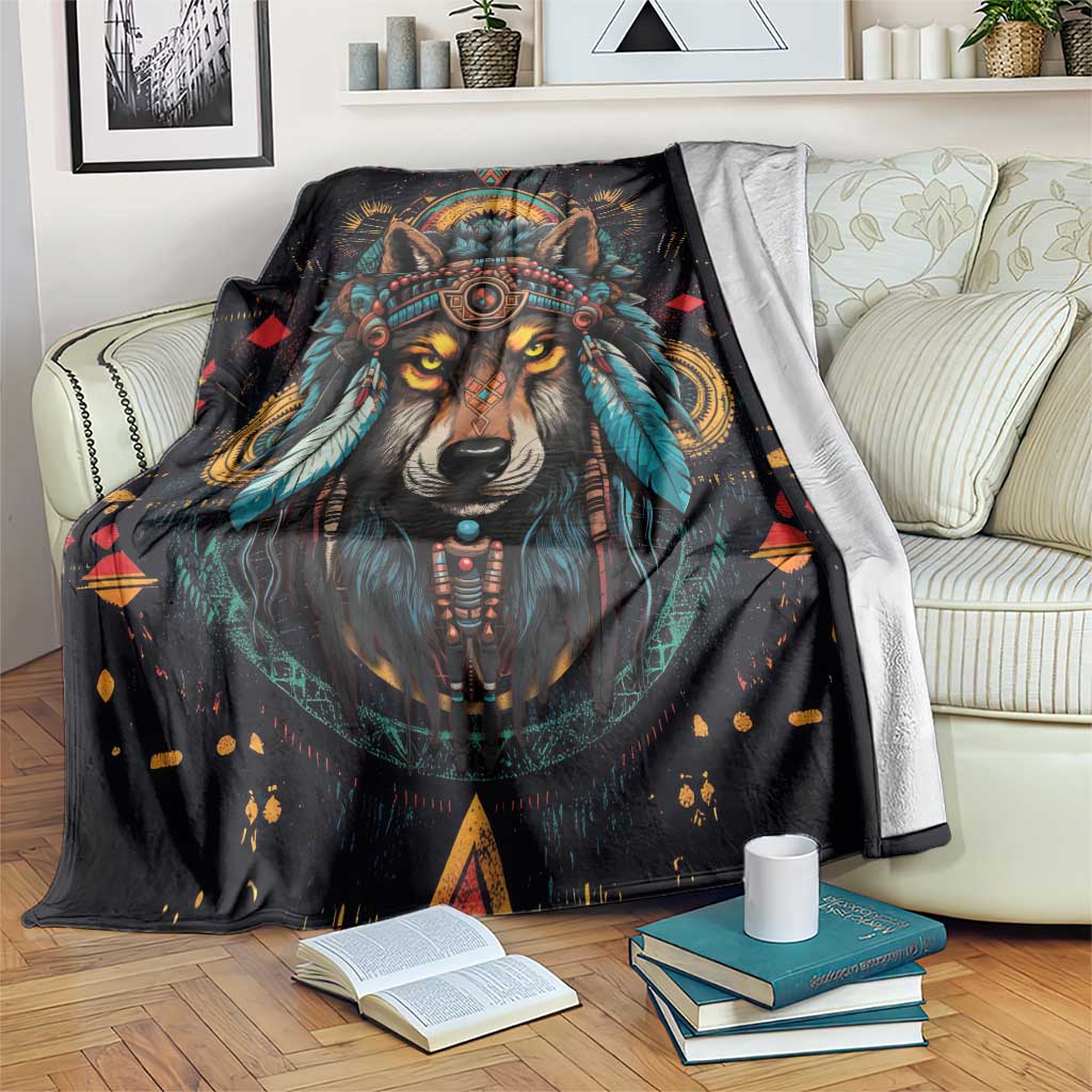 Native American Wolf Blanket Abstract Geometric Style