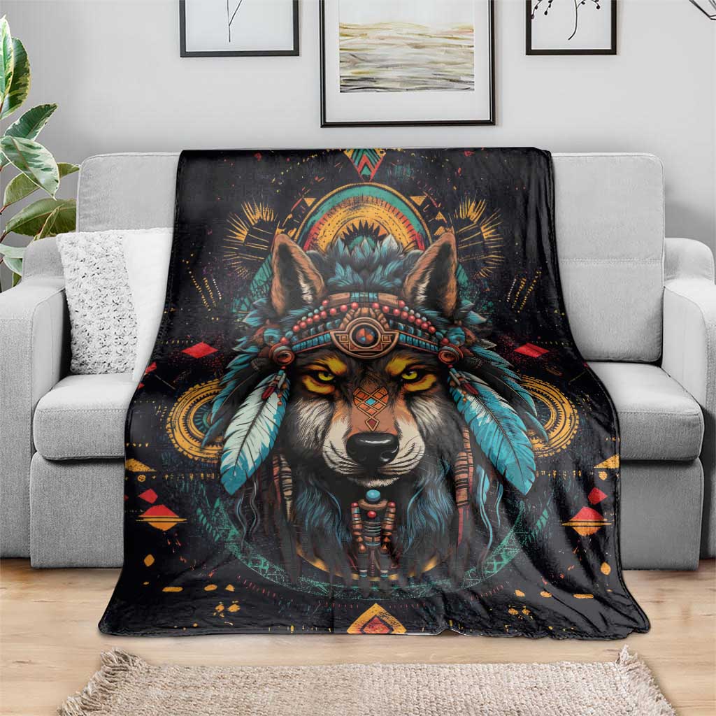 Native American Wolf Blanket Abstract Geometric Style