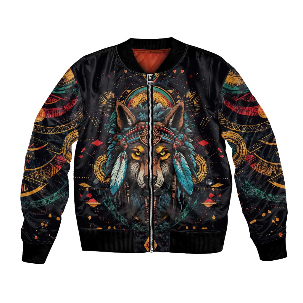 Native American Wolf Bomber Jacket Abstract Geometric Style