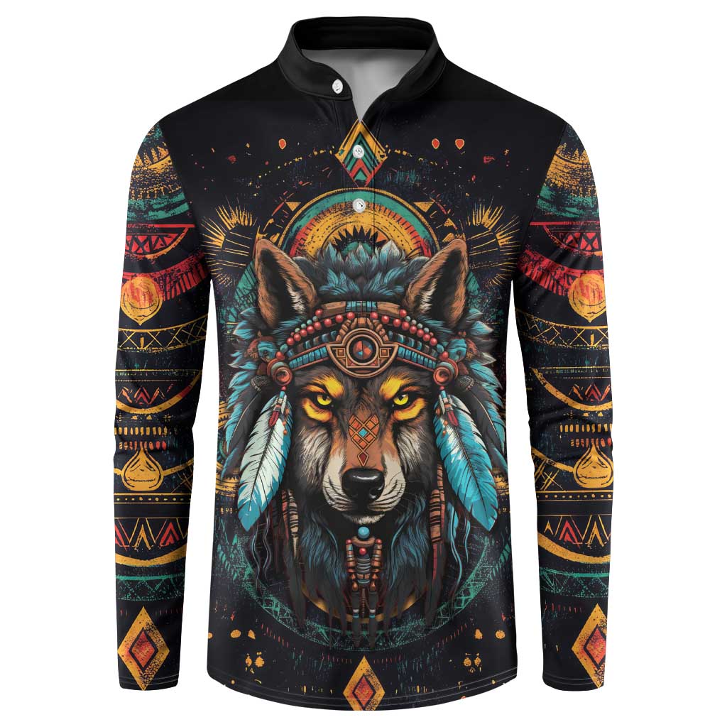 Native American Wolf Button Sweatshirt Abstract Geometric Style