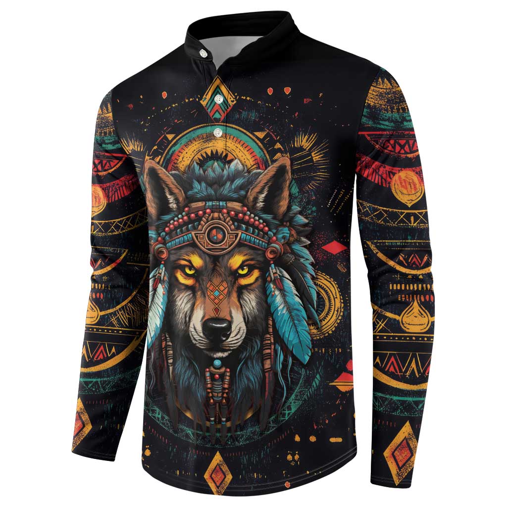 Native American Wolf Button Sweatshirt Abstract Geometric Style