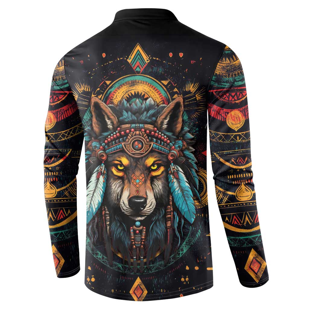 Native American Wolf Button Sweatshirt Abstract Geometric Style