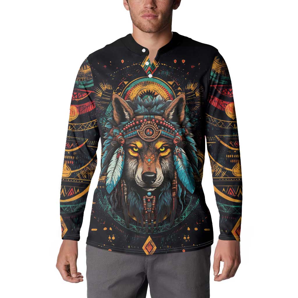 Native American Wolf Button Sweatshirt Abstract Geometric Style
