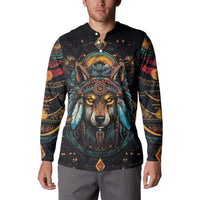 Native American Wolf Button Sweatshirt Abstract Geometric Style