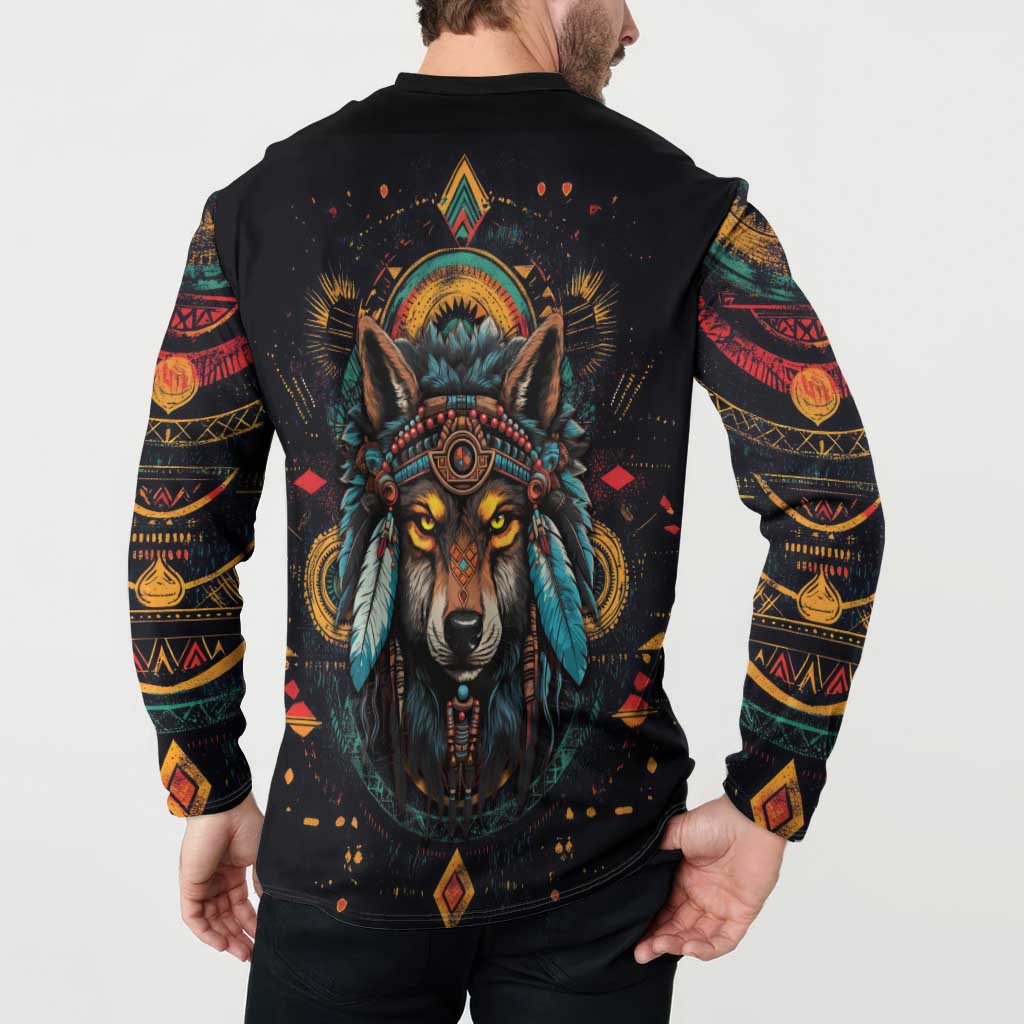 Native American Wolf Button Sweatshirt Abstract Geometric Style