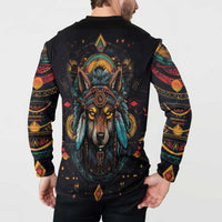 Native American Wolf Button Sweatshirt Abstract Geometric Style