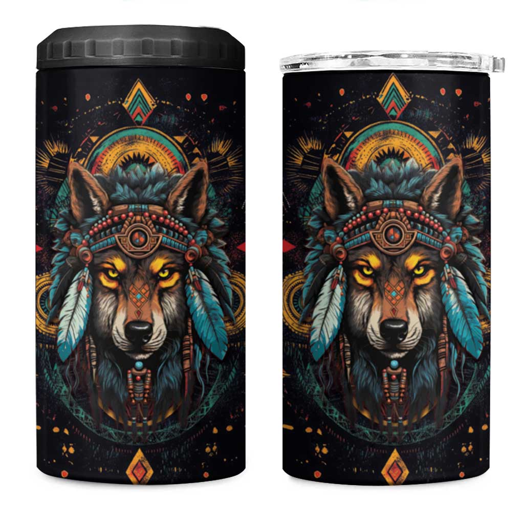Native American Wolf 4 in 1 Can Cooler Tumbler Abstract Geometric Style