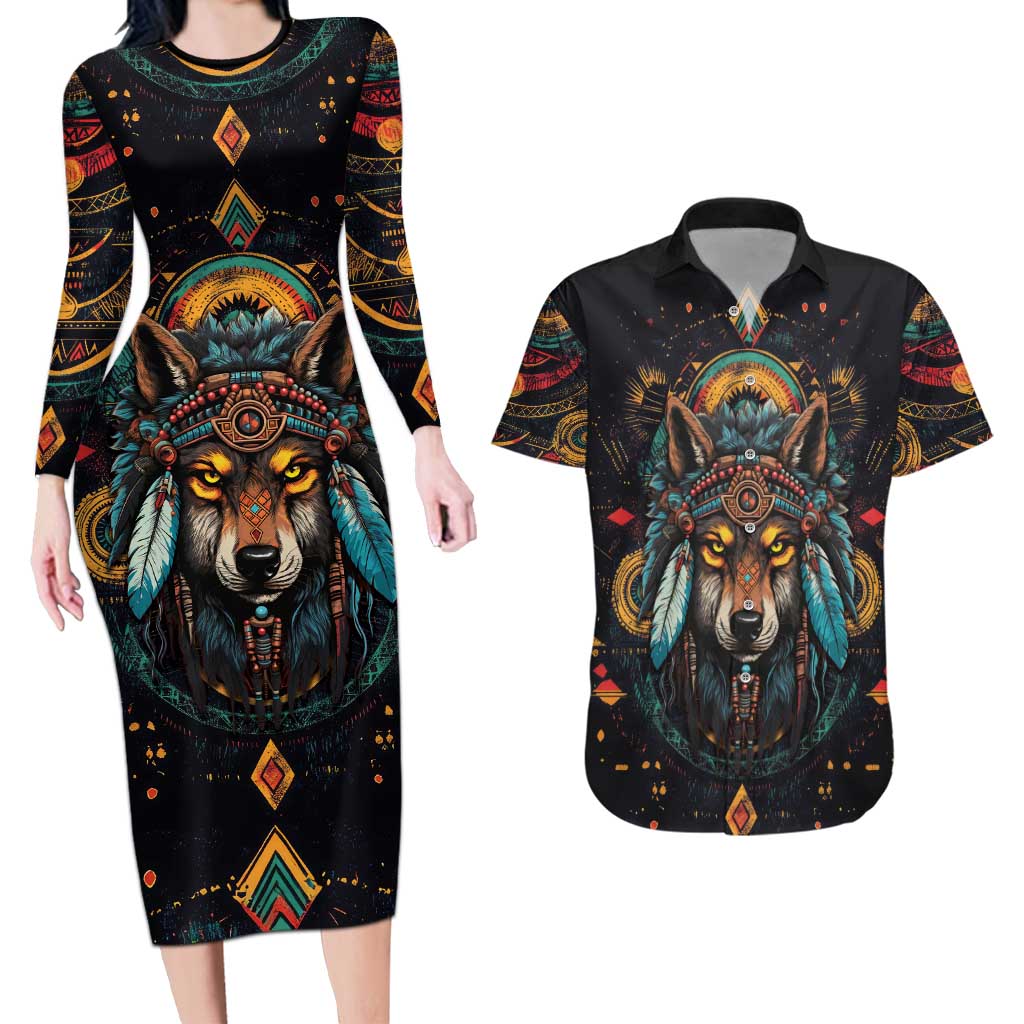 Native American Wolf Couples Matching Long Sleeve Bodycon Dress and Hawaiian Shirt Abstract Geometric Style