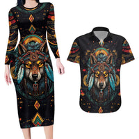 Native American Wolf Couples Matching Long Sleeve Bodycon Dress and Hawaiian Shirt Abstract Geometric Style