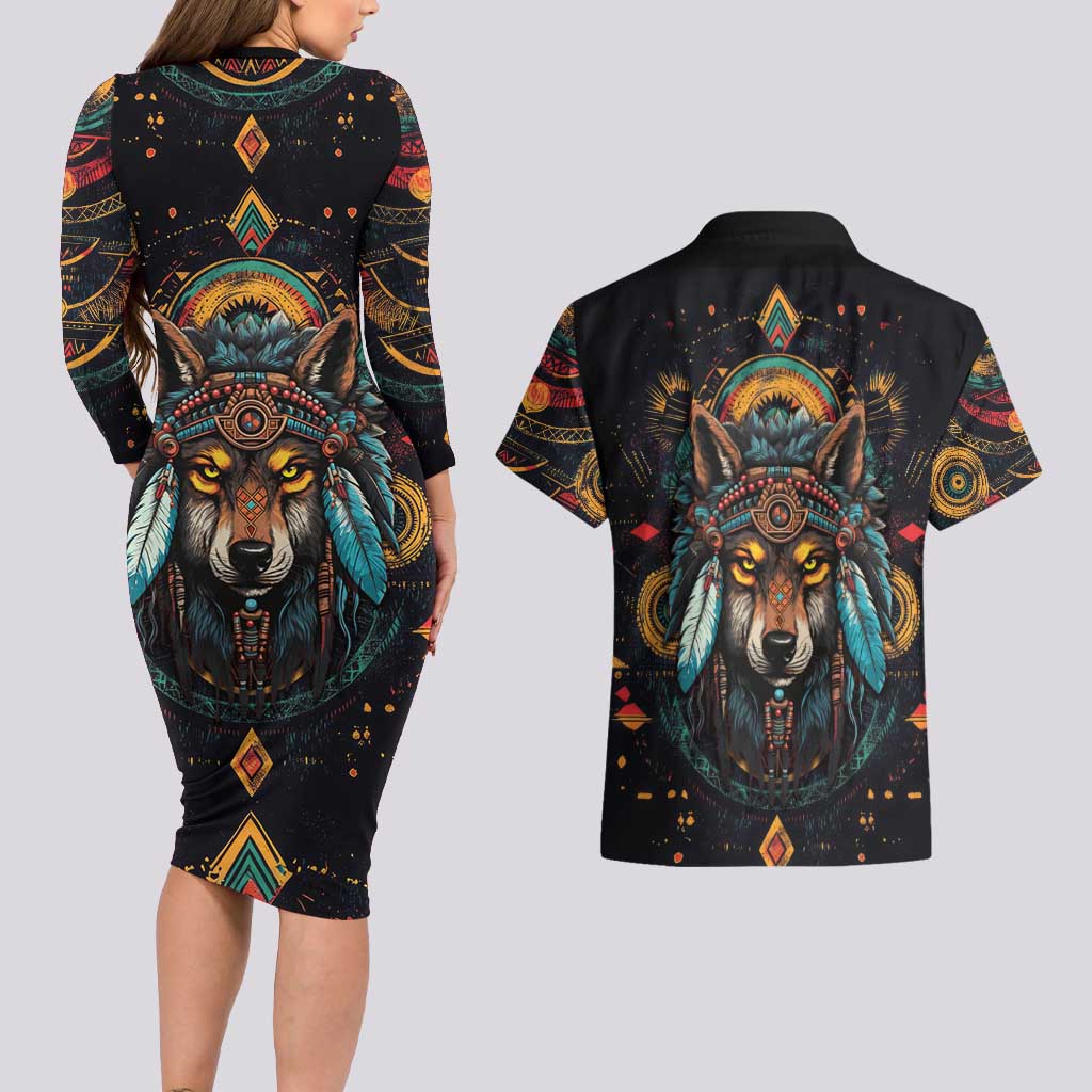 Native American Wolf Couples Matching Long Sleeve Bodycon Dress and Hawaiian Shirt Abstract Geometric Style