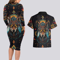 Native American Wolf Couples Matching Long Sleeve Bodycon Dress and Hawaiian Shirt Abstract Geometric Style