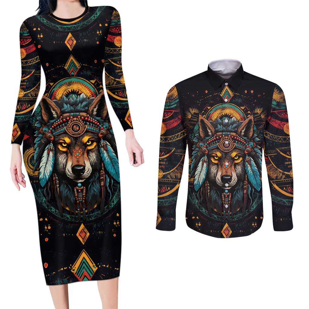 Native American Wolf Couples Matching Long Sleeve Bodycon Dress and Long Sleeve Button Shirt Abstract Geometric Style