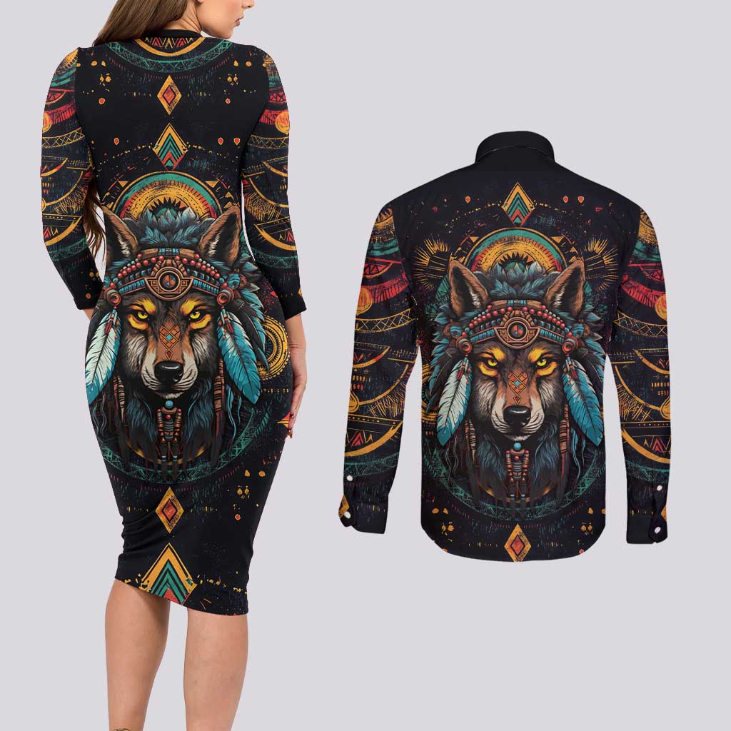 Native American Wolf Couples Matching Long Sleeve Bodycon Dress and Long Sleeve Button Shirt Abstract Geometric Style
