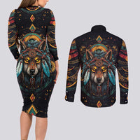 Native American Wolf Couples Matching Long Sleeve Bodycon Dress and Long Sleeve Button Shirt Abstract Geometric Style