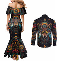 Native American Wolf Couples Matching Mermaid Dress and Long Sleeve Button Shirt Abstract Geometric Style