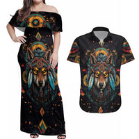 Native American Wolf Couples Matching Off Shoulder Maxi Dress and Hawaiian Shirt Abstract Geometric Style