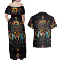 Native American Wolf Couples Matching Off Shoulder Maxi Dress and Hawaiian Shirt Abstract Geometric Style