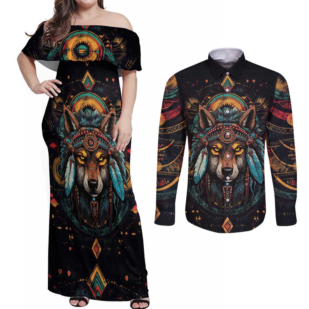 Native American Wolf Couples Matching Off Shoulder Maxi Dress and Long Sleeve Button Shirt Abstract Geometric Style