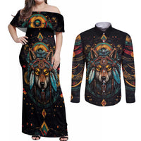 Native American Wolf Couples Matching Off Shoulder Maxi Dress and Long Sleeve Button Shirt Abstract Geometric Style