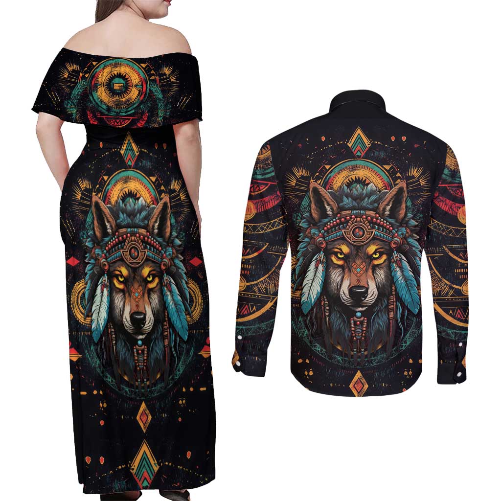 Native American Wolf Couples Matching Off Shoulder Maxi Dress and Long Sleeve Button Shirt Abstract Geometric Style