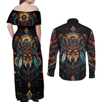 Native American Wolf Couples Matching Off Shoulder Maxi Dress and Long Sleeve Button Shirt Abstract Geometric Style