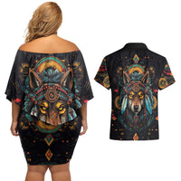 Native American Wolf Couples Matching Off Shoulder Short Dress and Hawaiian Shirt Abstract Geometric Style
