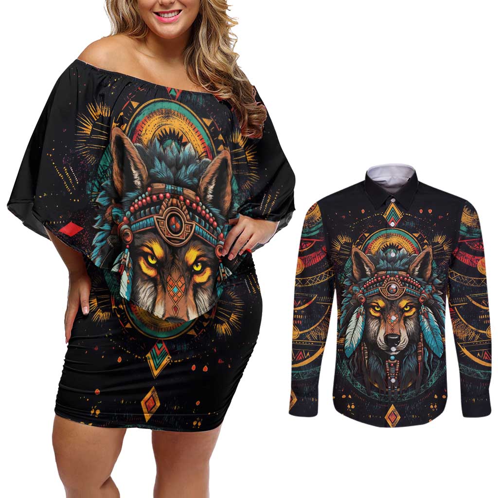 Native American Wolf Couples Matching Off Shoulder Short Dress and Long Sleeve Button Shirt Abstract Geometric Style
