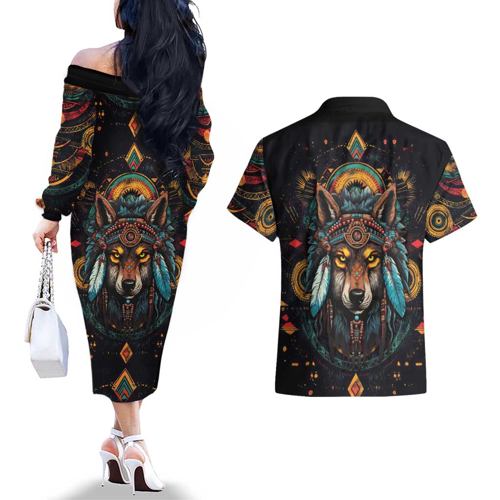 Native American Wolf Couples Matching Off The Shoulder Long Sleeve Dress and Hawaiian Shirt Abstract Geometric Style