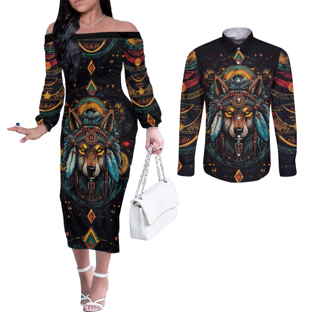Native American Wolf Couples Matching Off The Shoulder Long Sleeve Dress and Long Sleeve Button Shirt Abstract Geometric Style