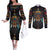 Native American Wolf Couples Matching Off The Shoulder Long Sleeve Dress and Long Sleeve Button Shirt Abstract Geometric Style