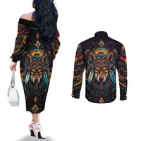 Native American Wolf Couples Matching Off The Shoulder Long Sleeve Dress and Long Sleeve Button Shirt Abstract Geometric Style