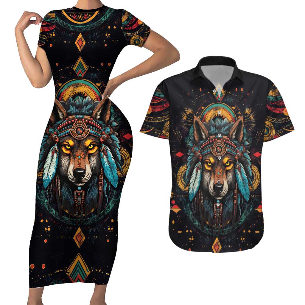 Native American Wolf Couples Matching Short Sleeve Bodycon Dress and Hawaiian Shirt Abstract Geometric Style