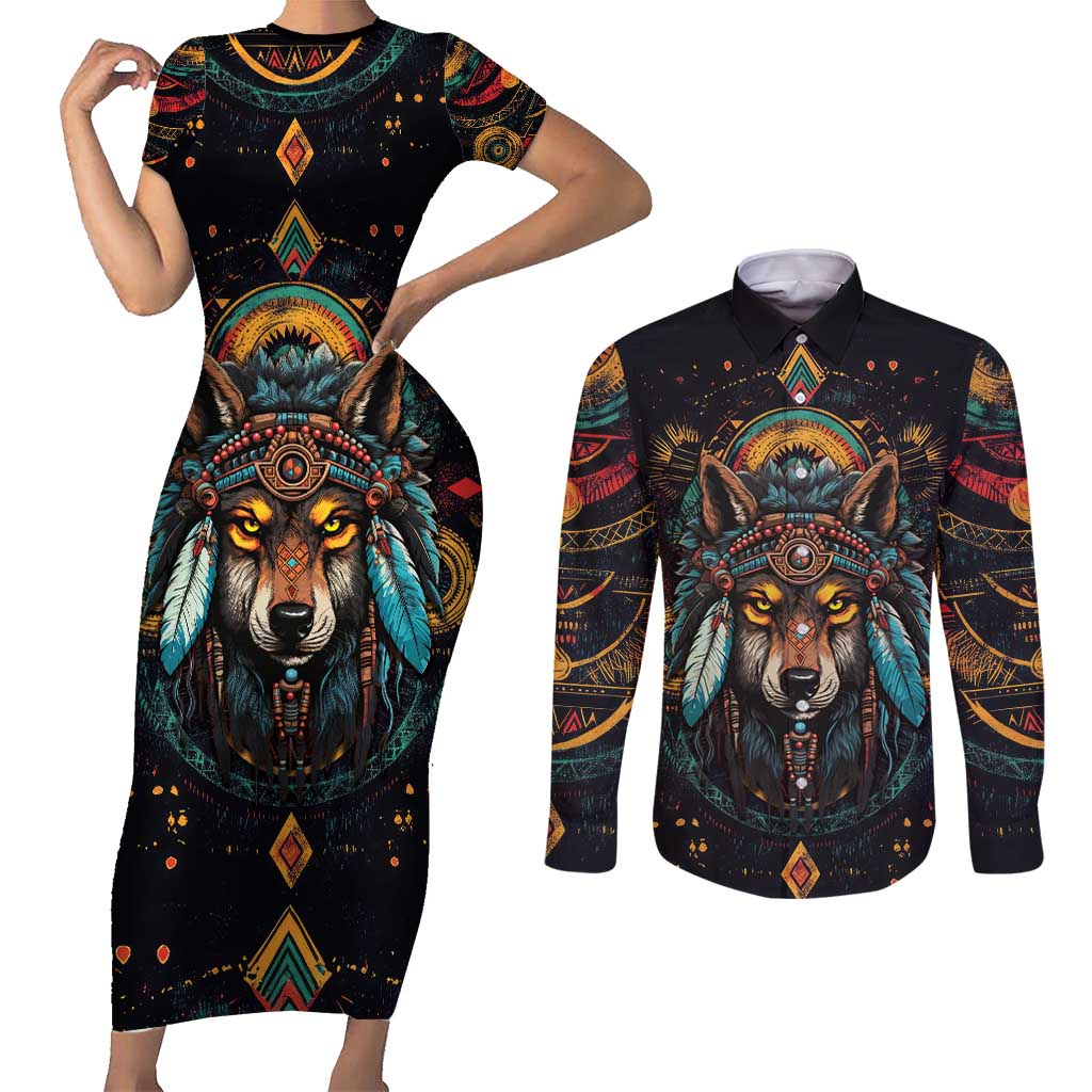 Native American Wolf Couples Matching Short Sleeve Bodycon Dress and Long Sleeve Button Shirt Abstract Geometric Style