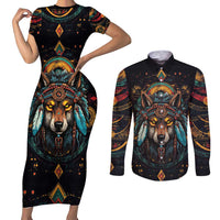 Native American Wolf Couples Matching Short Sleeve Bodycon Dress and Long Sleeve Button Shirt Abstract Geometric Style