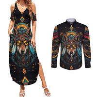 Native American Wolf Couples Matching Summer Maxi Dress and Long Sleeve Button Shirt Abstract Geometric Style