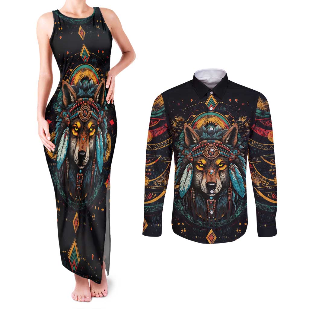 Native American Wolf Couples Matching Tank Maxi Dress and Long Sleeve Button Shirt Abstract Geometric Style