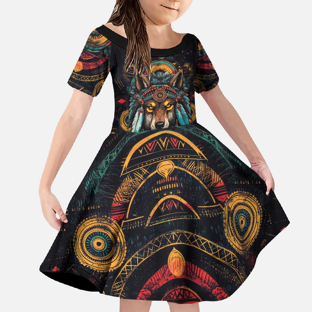 Native American Wolf Family Matching Long Sleeve Bodycon Dress and Hawaiian Shirt Abstract Geometric Style