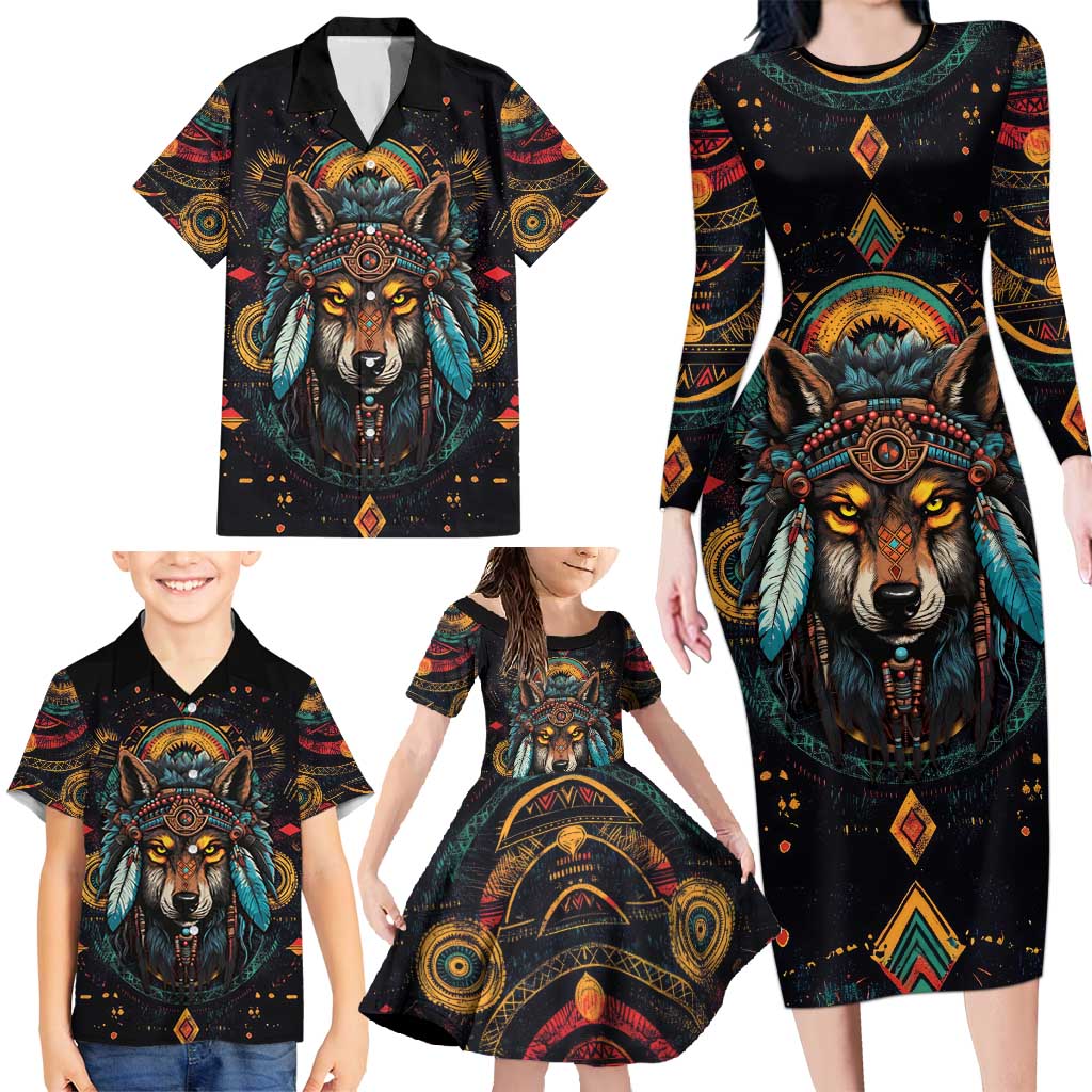 Native American Wolf Family Matching Long Sleeve Bodycon Dress and Hawaiian Shirt Abstract Geometric Style