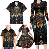 Native American Wolf Family Matching Long Sleeve Bodycon Dress and Hawaiian Shirt Abstract Geometric Style