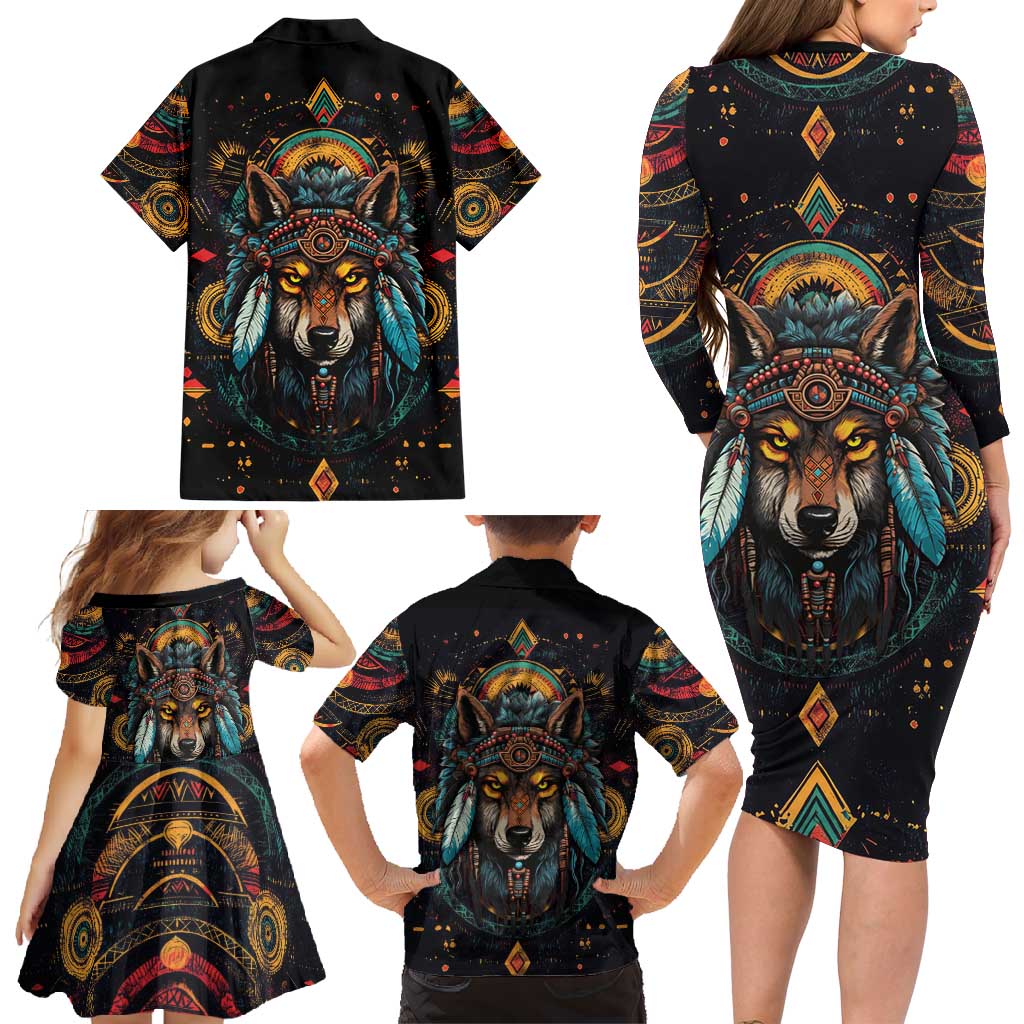Native American Wolf Family Matching Long Sleeve Bodycon Dress and Hawaiian Shirt Abstract Geometric Style