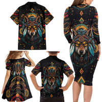 Native American Wolf Family Matching Long Sleeve Bodycon Dress and Hawaiian Shirt Abstract Geometric Style