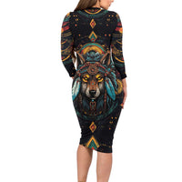 Native American Wolf Family Matching Long Sleeve Bodycon Dress and Hawaiian Shirt Abstract Geometric Style